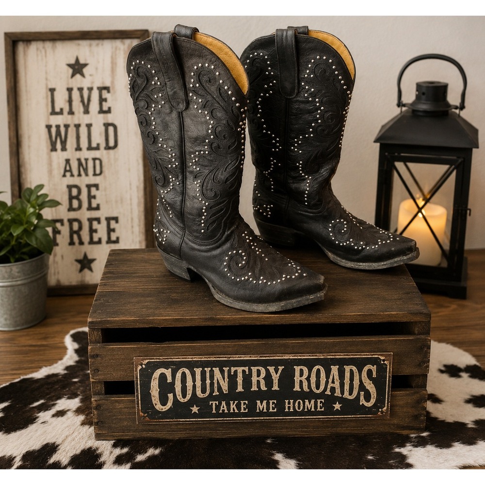 Black Leather Studded Western Cowboy Boots Pointed Toe Mexico Womens 7.5B